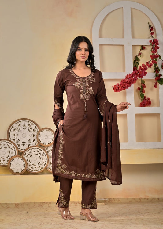 Earthy Brown Festive Kurta Set with Embroidered Dupatta