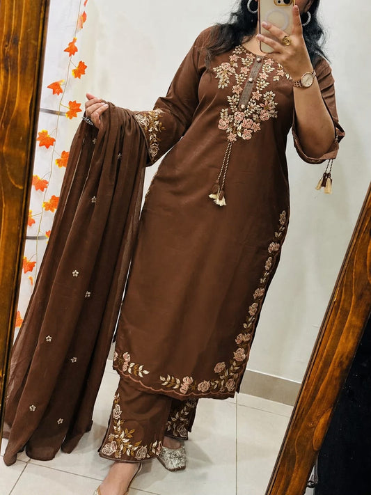 Earthy Brown Festive Kurta Set with Embroidered Dupatta