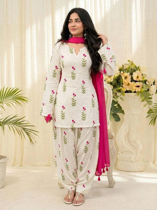 Ivory Bloom Printed Kurta Set with Fuchsia Tassel Dupatta