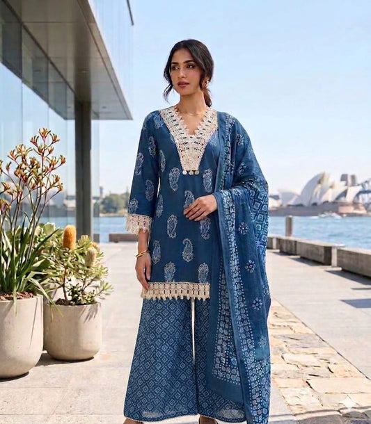 Royal Indigo Handblock Print Kurta Palazzo Set with Dupatta