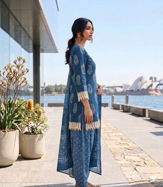 Royal Indigo Handblock Print Kurta Palazzo Set with Dupatta