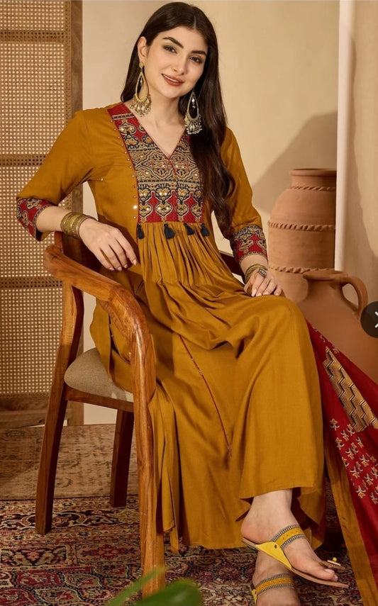 Mustard Yellow Printed Anarkali Kurta Set with Palazzo & Ajrakh-Inspired Dupatta