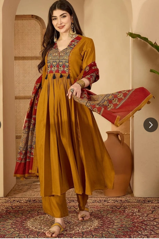 Mustard Yellow Printed Anarkali Kurta Set with Palazzo & Ajrakh-Inspired Dupatta