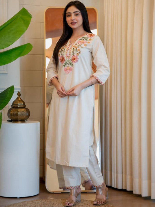 Ivory Floral Embroidered Cotton Kurta Set with Straight Pants for Women