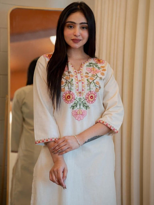 Ivory Floral Embroidered Cotton Kurta Set with Straight Pants for Women