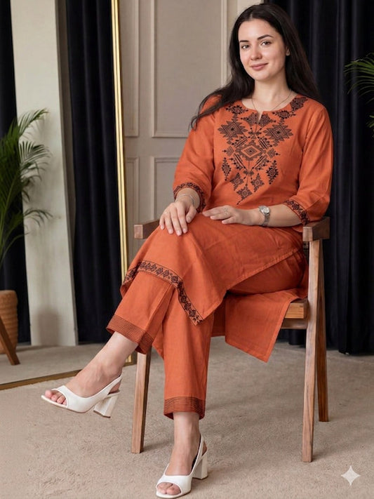 Rust Orange Embroidered Cotton Kurta Set with Straight Pants for Women