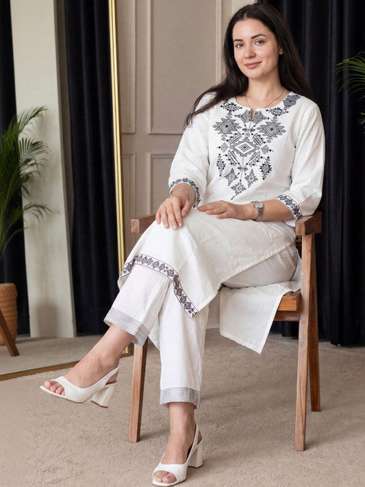 White & Black Embroidered Cotton Kurta Set with Straight Pants for Women