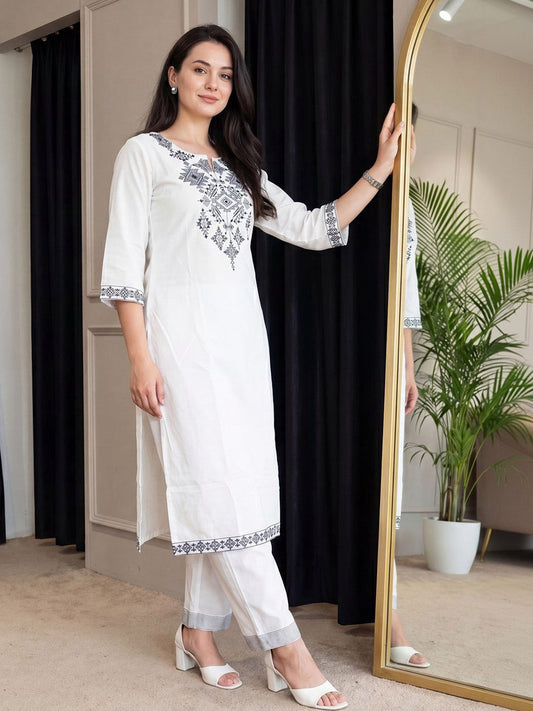 White & Black Embroidered Cotton Kurta Set with Straight Pants for Women