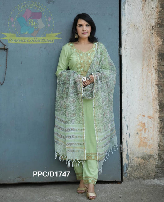 Mint Green Handblock Printed Cotton Kurta Set with Floral Kota Doria Dupatta for Women
