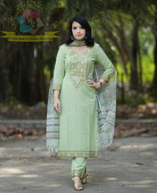Mint Green Handblock Printed Cotton Kurta Set with Floral Kota Doria Dupatta for Women