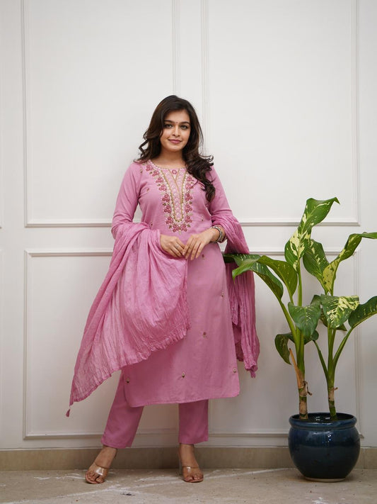 Blush Pink Embroidered Cotton Kurta Set with Crinkle Dupatta for Women