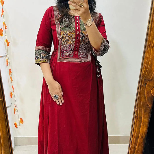 Wine Red Heritage Print A-Line Kurta