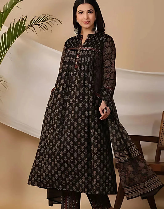 Black Printed Kurta Pant Set with Matching Dupatta | Elegant Women's Ethnic Wear