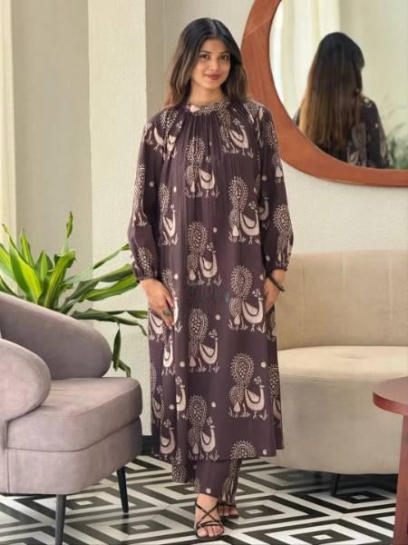Mocha Brown Handblock Print A-Line Kurta Set for Women